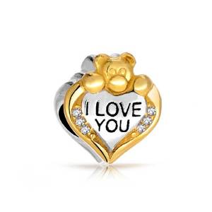 Pandora Gold Vermeil CZ I Love You Bear Heart Charm